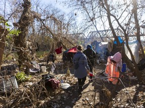 From left, Felicity Santiago and Michelle Boissonneault deliver meals, clothes and hygiene packs to a man living in a tent along the Thames River in London last November.
(Mike Hensen/The London Free Press)