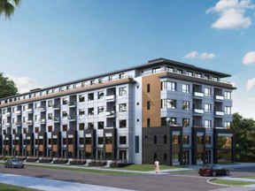 An artist's rendering showing a proposed development at 1150 Fanshawe Park Rd. E., at the corner of Stackhouse Avenue. The proposal includes a six-storey apartment building and six stacked townhouses that would be rented as affordable housing.
