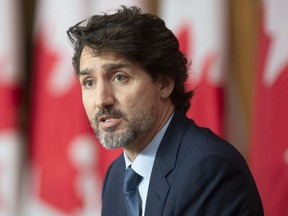 Prime Minister Justin Trudeau responds to a question during a news conference Friday October 9, 2020 in Ottawa.