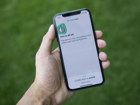 The COVID Alert app is seen on an iPhone in Ottawa, on Friday, July 31, 2020.