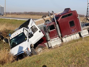 A tanker hauling gasoline and a pickup truck collided Friday morning at Brigden Road and Petrolia Line in St. Clair Township. (Terry Bridge/Sarnia Observer)