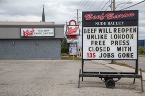 The Beef Baron at 624 York St has been closed since the province ordered all strip clubs to close indefinitely on 26 September amid the COVID-19 pandemic.  (Dale Carruthers, The London Free Press)