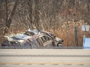OPP investigate a fatal motor vehicle collision on Highway 401 EB, east of Queen St. North, Monday, Nov. 23, 2020. East bound traffic is being rerouted off 401 at the Mill Street off-ramp. (DAX MELMER, Postmedia Network)