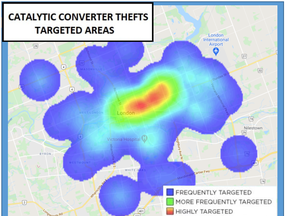 A map by London police shows where catalytic converter thefts have occurred in the city.
