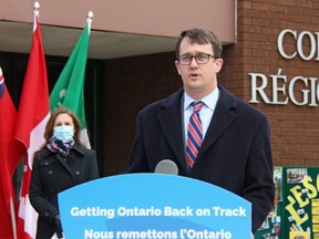 Ontario Labour Minister Monte McNaughton announces Monday in London that the province is providing $1.2 million to train 130 early childhood educators in the London region.  JONATHAN JUHA/The London Free Press