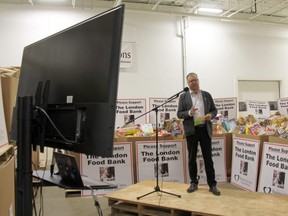 Wayne Dunn, chair of London's Business Cares Food Drive, speaks on Tuesday during the last day of the annual campaign. Due to COVID-19 restrictions, this year's event was held virtually and streamed online. JONATHAN JUHA/The London Free Press