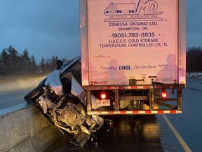No one was injured when a truck and SUV collided at about 5 p.m. Wednesday in the westbound lanes of Highway 401 between Westchester Bourne and Dorchester Road, Middlesex OPP said. (OPP photo)