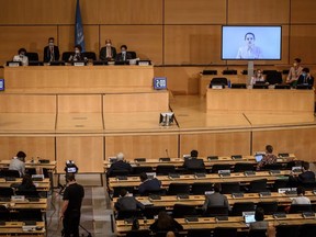 Belarus opposition leader Svetlana Tikhanovskaya is seen speaking via video message before a meeting of the United Nations Human Rights Council on allegations of torture and other serious violations in her country on Sept. 18, 2020 in Geneva