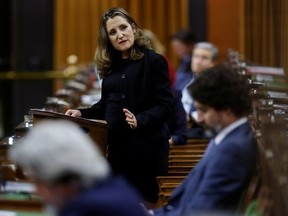 Finance Minister Chrystia Freeland speaks in the House of Commons after unveiling her first fiscal update, the Fall Economic Statement 2020, in Ottawa November 30, 2020.
