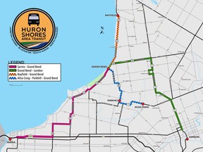The Huron Shores Area transit project will have four routes running Sarnia to Grand Bend, Grand Bend to Bayfield, Grand Bend via Exeter to London and Grand Bend to Ailsa Craig. (Supplied)