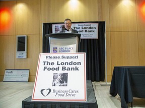 The Business Cares Food Drive is back and looking to raise as much food and cash as possible for the London Food Bank despite the COVID-19 pandemic, chairperson Wayne Dunn says at the 21st annual drive launch at RBC Place London Tuesday, Dec. 1. (Derek Ruttan/The London Free Press)