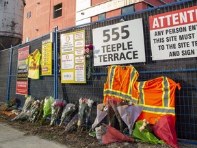 A memorial to two construction workers who were killed in a partial collapse of a building in London. Derek Ruttan/The London Free Press
