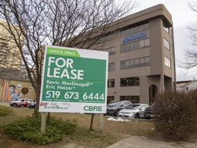 Office space is available for lease at the London Corporate Centre at the corner of Waterloo Street and Dundas Street in downtown London. (Derek Ruttan/The London Free Press)