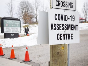 The COVID-19 assessment centre at Oakridge arena still is closed for the holidays Jan. 1, 2021. It reopens, by appointment only, Monday. (Derek Ruttan/The London Free Press)