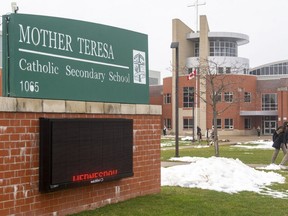 The Middlesex-London Health Unit has declared a COVID-19 outbreak at Mother Teresa Catholic Secondary secondary school in north London, Ont. 
Photograph taken on Wednesday December 9, 2020. (Mike Hensen/The London Free Press)