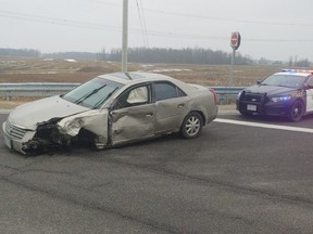 A Southwest Middlesex man, 32, faces multiple charges including impaired driving and leaving the scene of a crash following a single-vehicle collision on the Highway 401 west of St. Thomas on Wednesday. (OPP supplied photo)
