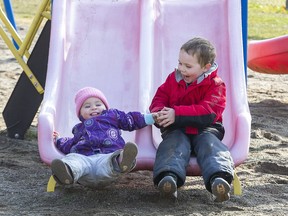 Four-year-old Lachlan Kelders holds the hand of his sister Kaia, 1, while sliding at Selbourne Park in Port Stanley on Jan. 14. It was a relatively warm day, but we can all kiss that goodbye for the rest of the month, one forecaster says. Derek Ruttan/The London Free Press/Postmedia Network