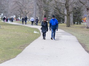 Springbank Park was a popular spot for people to go for a walk (which is allowed) on Sunday during the province's stay-at-home order. (Derek Ruttan/The London Free Press)