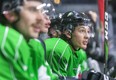 Antonio Stranges of the London Knights sits with linemates during practice at Budweiser Gardens on Wednesday, Nov. 20, 2019. Stranges has been cleared by doctors to play after he was injured last month and is angling to make his debut this season with the Knights on Friday when they play Owen Sound at Budweiser Gardens. (Free Press file photo)