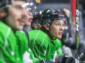 Antonio Stranges of the London Knights sits with linemates during practice at Budweiser Gardens on Wednesday, Nov. 20, 2019. Stranges has been cleared by doctors to play after he was injured last month and is angling to make his debut this season with the Knights on Friday when they play Owen Sound at Budweiser Gardens. (Free Press file photo)