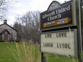 The sign outside a United Church in southwestern Ontario is seen in this file photo from April. (Mike Hensen/The London Free Press)