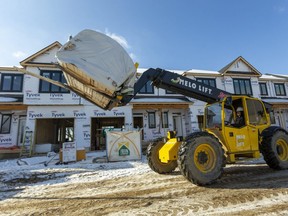 Aaron Letkeman moves a bundle of two-by-fours Thursday, Jan. 21, 2021 for a housing project in Mt. Brydges by Banman Homes. The project has 70 units in total. The first phase of 21 units is sold at a price of $450,000 each. Paul Banman, the general manager, says he gets two groups of buyers, "first-time homebuyers and retirement age." Middlesex county is projected to have a lot of growth, including an ageing population that will need more services in their communities, a report to council said. (Mike Hensen/The London Free Press)