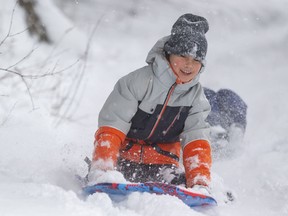 What better way for a kid to greet London's heavy overnight snowfall than with his sled? Photograph taken Friday Jan. 29, 2021. 
Mike Hensen/The London Free Press/Postmedia Network