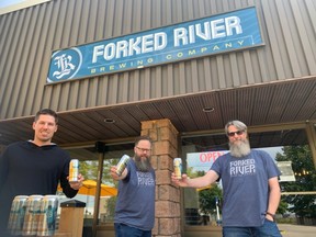 NHLer Logan Couture, left, celebrates the launch of a new beer brewed in London and San Jose in support of his charity with Dave Reed and Andrew Peters of Forked River Brewing. (Contributed)