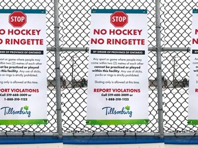 The town of Tillsonburg put up signs Tuesday to remind residents that playing hockey and ringette isn't allowed at the J.L. Scott McLean Outdoor Recreation Pad in Tillsonburg. (Submitted)