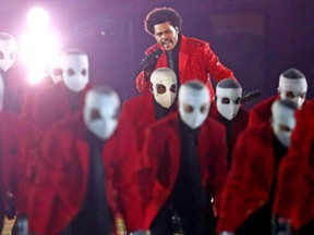 The Weeknd performs during the Super Bowl Halftime Show in Super Bowl LV at Raymond James Stadium.  Mandatory Credit: Mark J. Rebilas-USA TODAY