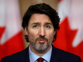 Canada's Prime Minister Justin Trudeau takes part in a news conference. February 19, 2021. REUTERS/Blair Gable