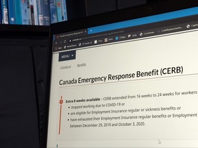 The landing page for the Canada Emergency Response Benefit is seen in Toronto, Monday, Aug. 10, 2020.