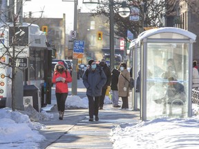 The bus stop at Queens Avenue and Richmond Street in London on Wednesday February 3, 2021. (Derek Ruttan/The London Free Press)