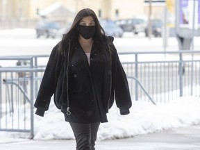 Daniella Leis, the Kitchener woman convicted in the massive natural gas explosion that obliterated a home in London's Old East Village, arrives at the London courthouse for sentencing on Feb. 11, 2021. (Derek Ruttan/The London Free Press)