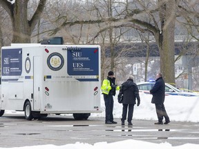 Investigators with Ontario's police watchdog, the SIU, were in London's Greenway Park on February 22, 2021, hours after a man was taken to hospital with serious injuries after city police responded to reports of a person in distress in the park.  (Derek Ruttan/The London Free Press)