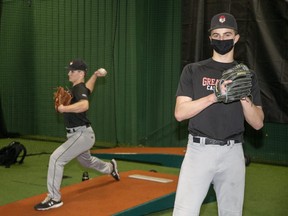 Baseball pitchers Calvin Ziegler, left, and Adam Shoemaker work on their game at Centre Field Sports in London. Despite COVID-19 restrictions that prevented NCAA schools from seeing them in person, they've both signed for scholarships. (Derek Ruttan/The London Free Press)