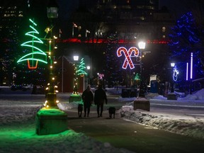 People enjoy a stroll through a lit up Victoria Park  with their dogs as the Christmas lights are still lit in the park. (Mike Hensen/The London Free Press)