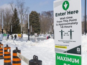 Victoria Park's skating rink has reopened with a system of wrist bands and timed skates to limit the numbers on the ice in London. Photograph taken on Sunday February 21, 2021.  (Mike Hensen/The London Free Press)