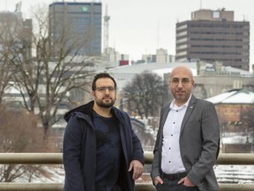 Tarique Al-Ansari, right, chief executive of London-based financial tech firm, Paystone, is seen here with company co-founder Abdullah Saab. (Mike Hensen/The London Free Press)