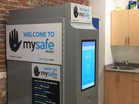 London is one of four Canadian cities where MySafe vending machines will be set up to allow drug users to get hydromorphone pills, a prescribed substitute for heroin, dispensed to them after their palm has been scanned to identify them. The federal government has provided nearly $3.5 million in funding for the machines, which allow opioid users who are monitored by health-care professionals to access safer drugs in a more convenient and discreet manner. (Dispension Industries)