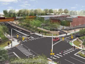 A design image to show the planned $58-million underpass that would help drivers and cyclists avoid delays caused by trains on the CP rail lines crossing Adelaide Street, with a view looking north at Adelaide Street North and Central Avenue. (City of London)