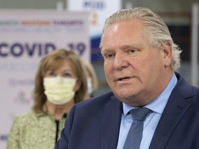 Ontario Premier Doug Ford speaks during the daily briefing at a mass vaccination centre in Toronto earlier this week.