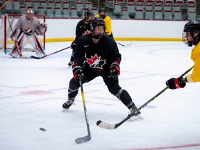 Players scrimmage at the National Para and Women’s hockey camp in Calgary, Alta., in January. Ella Shelton, an Ingersoll native and former Devilettes defenceman, attended Hockey Canada's national training camp last week in Halifax. She's waiting to hear if she will be selected for the women’s world hockey championships in May. (Photo by Matthew Murnaghan/Hockey Canada)