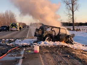 Two people were seriously injured Sunday in a head-on crash on Highway 21 south of Goderich, the OPP said. (OPP supplied photo)