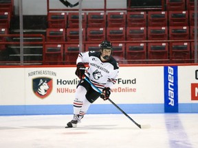 Gillian Foote was watching from the stands when the Northeastern Huskies lost in the NCAA women's hockey final Saturday against Wisconsin. Foote was a healthy scratch for the Huskies whose 22-game unbeaten streak was snapped by an overtime goal. (Jim Pierce photo)