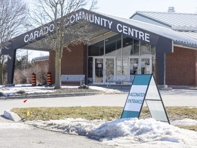 The COVID-19 vaccination clinic at Caradoc Community Centre in Mt. Brydges is one of two sites in the London area where seniors 80 and older will begin to receive COVID-19 vaccine on Saturday. More than 5,000 appointments at the community centre and Western Fair District Agriplex for seniors were booked in less than two hours Tuesday after registration began online and by phone.  (Derek Ruttan/The London Free Press)