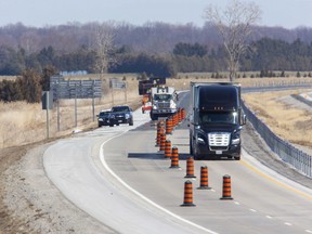 Chatham-Kent OPP are investigating the death of a pedestrian hit by a transport truck early Friday on the westbound lanes of Highway 401 just east of Bloomfield Road in Chatham. (Derek Ruttan/The London Free Press)