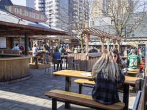 The patio at Barney's patio was at capacity in London on Wednesday, March 17, 2021 during St. Patrick's Day. (Derek Ruttan/The London Free Press)