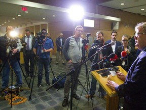 Mayor elect Ed Holder talks to reporters outside London's Central Library after his victory Tuesday, Oct. 23, 2018. However, when it comes to endorsing a motion to recognize the value of a healthy, professional news media to the proper functioning of democracy, Holder and his council colleagues put their heads in the sand. (Mike Hensen/The London Free Press)