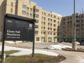 A COVID-19 outbreak was declared Tuesday at Essex Hall at Western University after seven students at the residence tested positive. Photograph taken Wednesday March 3, 2021. (Mike Hensen/The London Free Press)